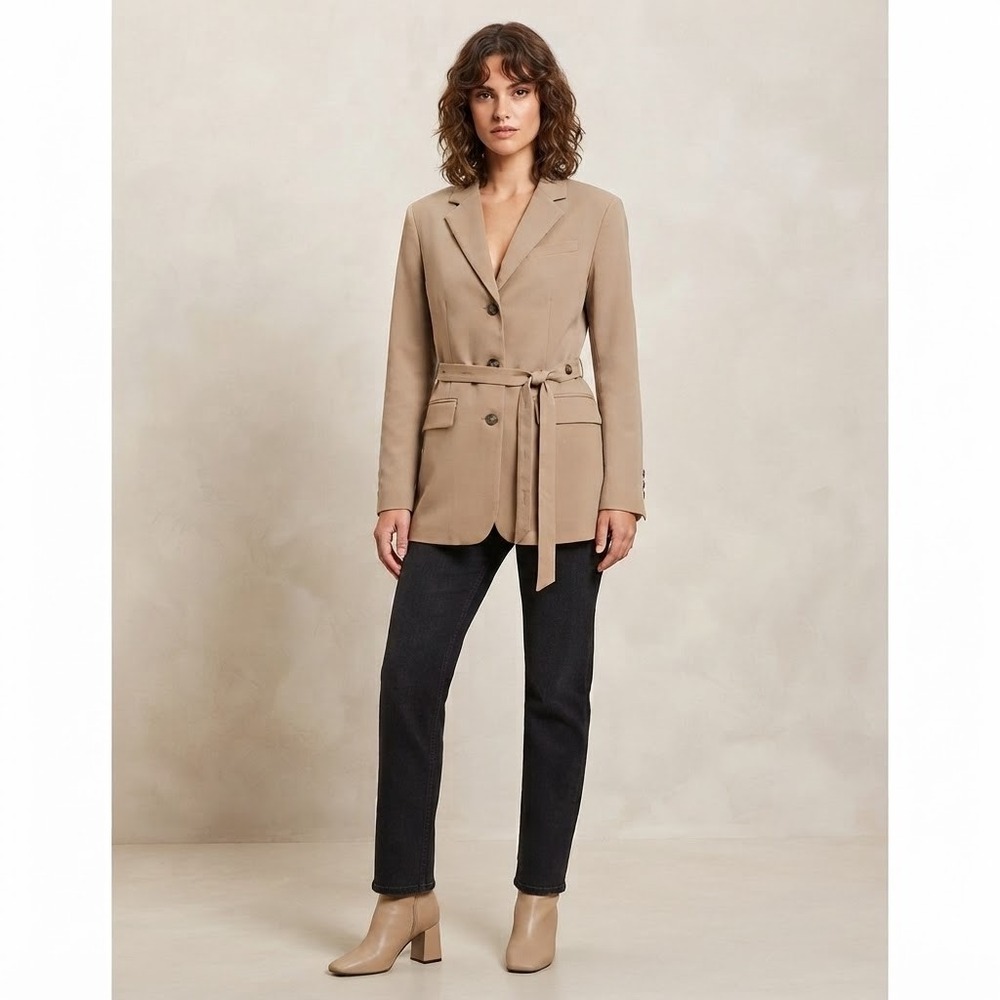 Topshop Women Camel Tan Belted Blazer Jacket Button Up Professional Workboss 4